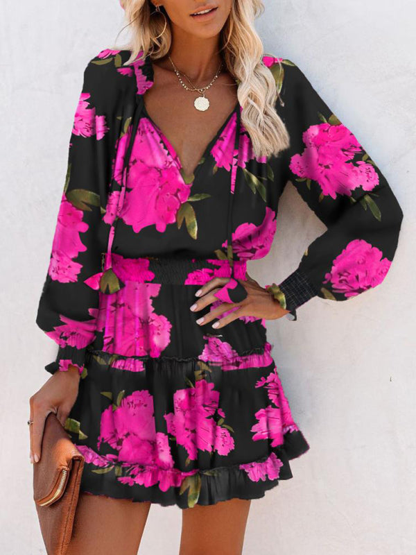 Leopard Print V-Neck Long Sleeve Waist Dress
