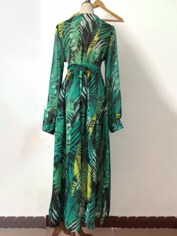 Leaf Print Lantern Sleeve V-Neck Swing Dress – Lightweight & Flowy Fit
