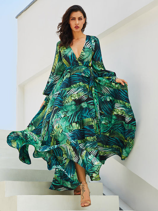 Leaf Print Lantern Sleeve V-Neck Swing Dress – Lightweight & Flowy Fit