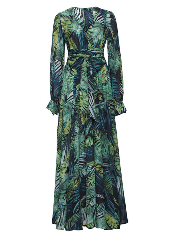 Leaf Print Lantern Sleeve V-Neck Swing Dress – Lightweight & Flowy Fit