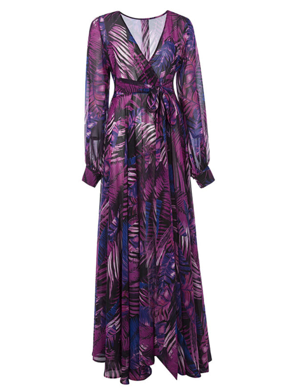 Leaf Print Lantern Sleeve V-Neck Swing Dress – Lightweight & Flowy Fit