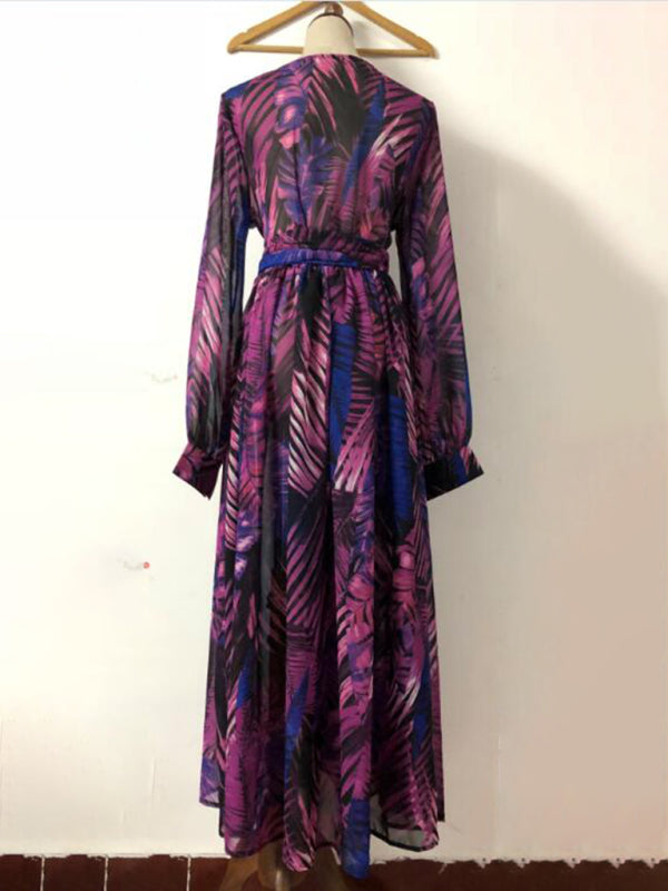 Leaf Print Lantern Sleeve V-Neck Swing Dress – Lightweight & Flowy Fit