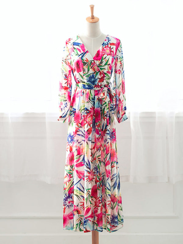 Leaf Print Lantern Sleeve V-Neck Swing Dress – Lightweight & Flowy Fit