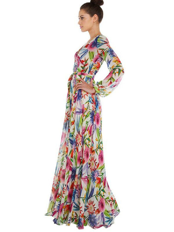 Leaf Print Lantern Sleeve V-Neck Swing Dress – Lightweight & Flowy Fit