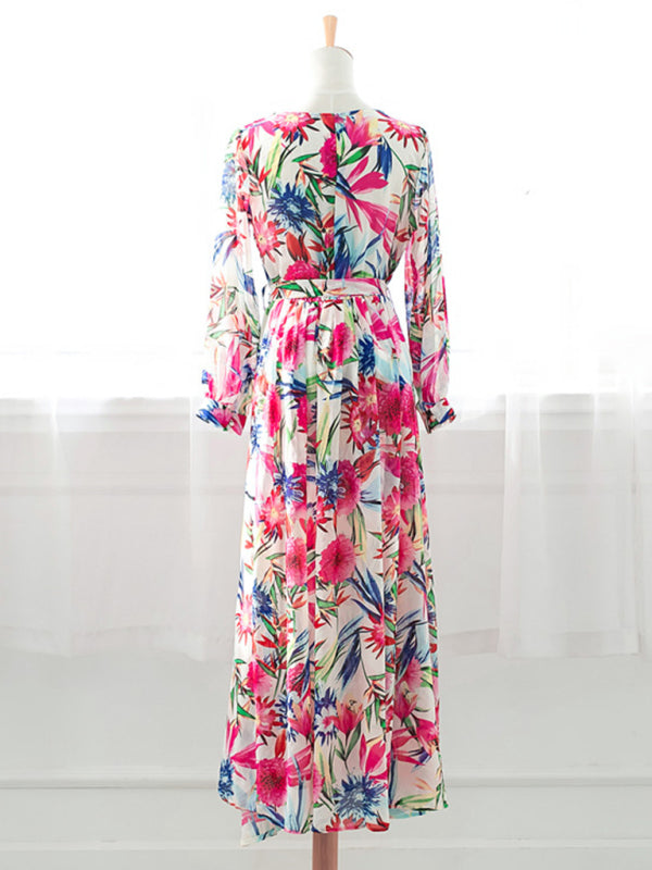 Leaf Print Lantern Sleeve V-Neck Swing Dress – Lightweight & Flowy Fit
