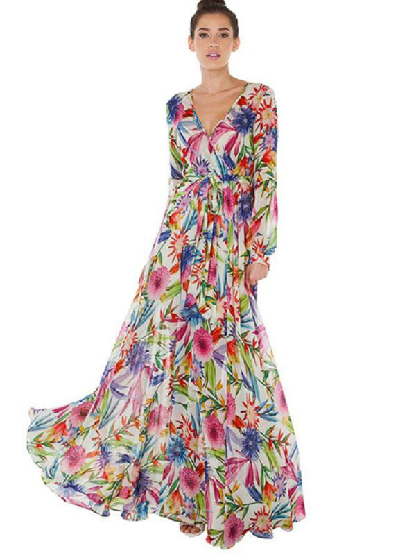 Leaf Print Lantern Sleeve V-Neck Swing Dress – Lightweight & Flowy Fit