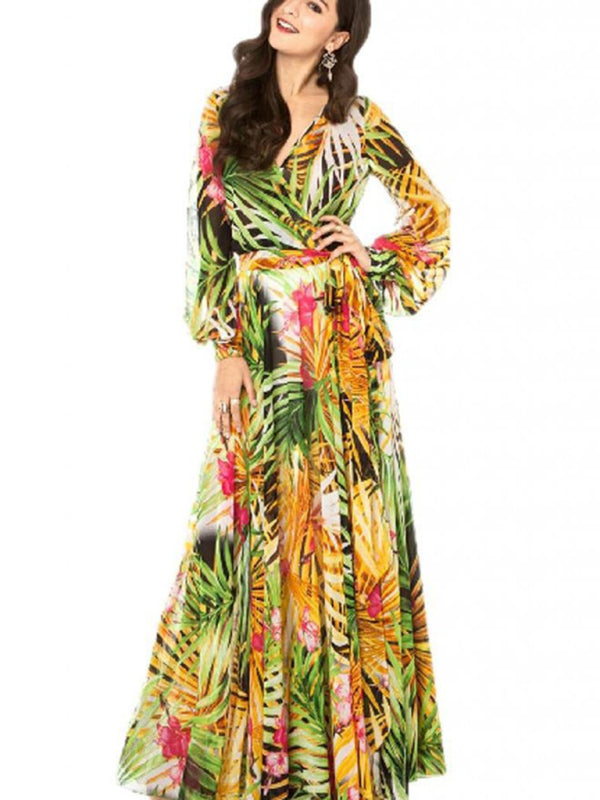 Leaf Print Lantern Sleeve V-Neck Swing Dress – Lightweight & Flowy Fit