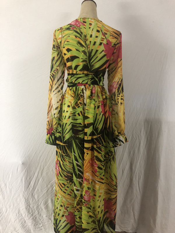 Leaf Print Lantern Sleeve V-Neck Swing Dress – Lightweight & Flowy Fit