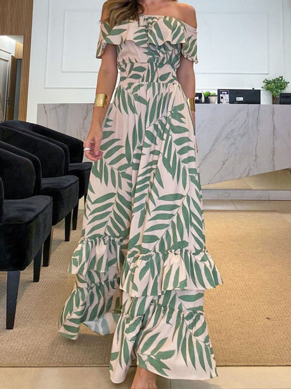 One-Shoulder Leaf Print Holiday Maxi Dress – Boho Summer Style
