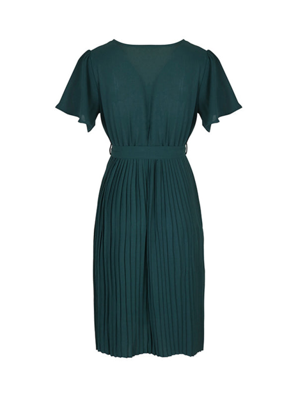 Pleated Sleeveless V-Neck Dress – French-Inspired Elegant Silhouette