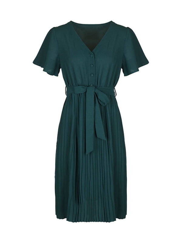 Pleated Sleeveless V-Neck Dress – French-Inspired Elegant Silhouette