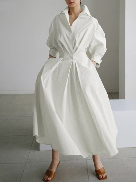 Elegant Sleeveless Shirt Dress – Lapel Collar & Seam Pockets, Solid Color