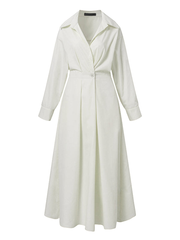 Elegant Sleeveless Shirt Dress – Lapel Collar & Seam Pockets, Solid Color