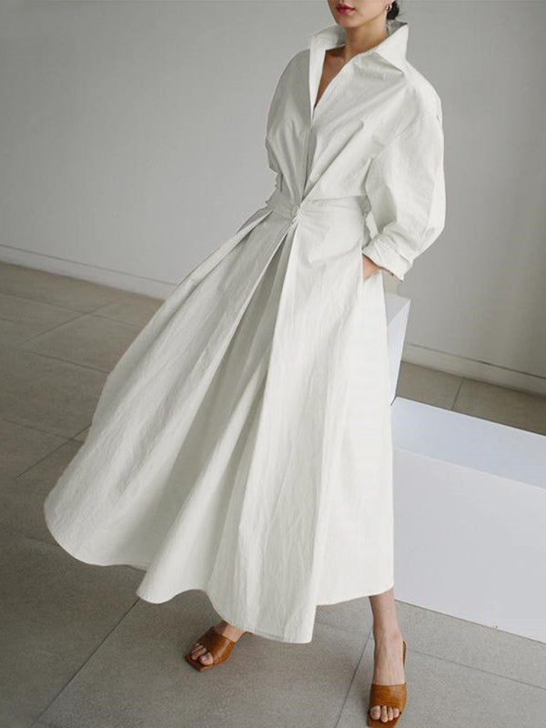 Elegant Sleeveless Shirt Dress – Lapel Collar & Seam Pockets, Solid Color