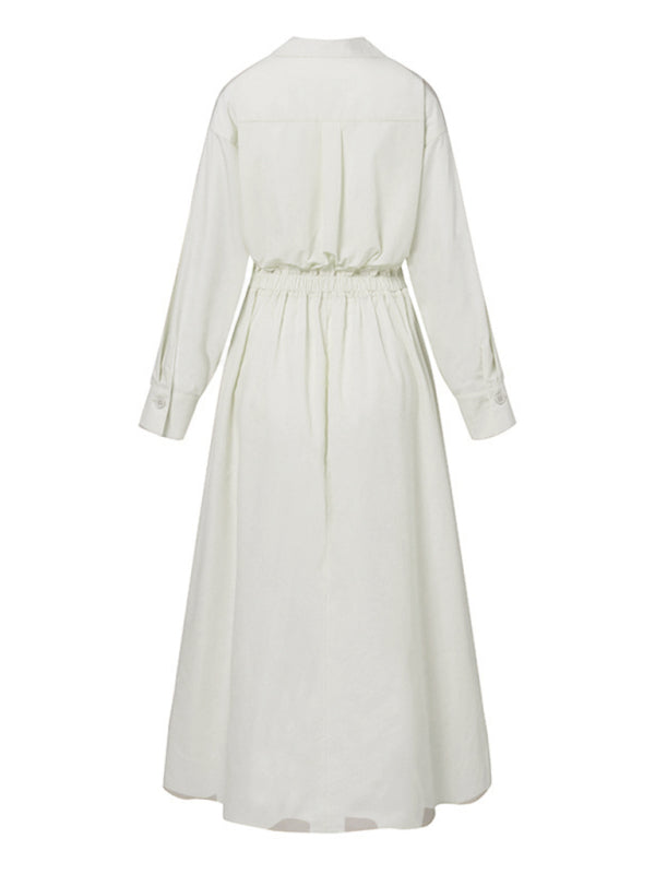 Elegant Sleeveless Shirt Dress – Lapel Collar & Seam Pockets, Solid Color