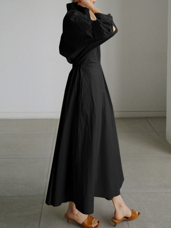 Elegant Sleeveless Shirt Dress – Lapel Collar & Seam Pockets, Solid Color