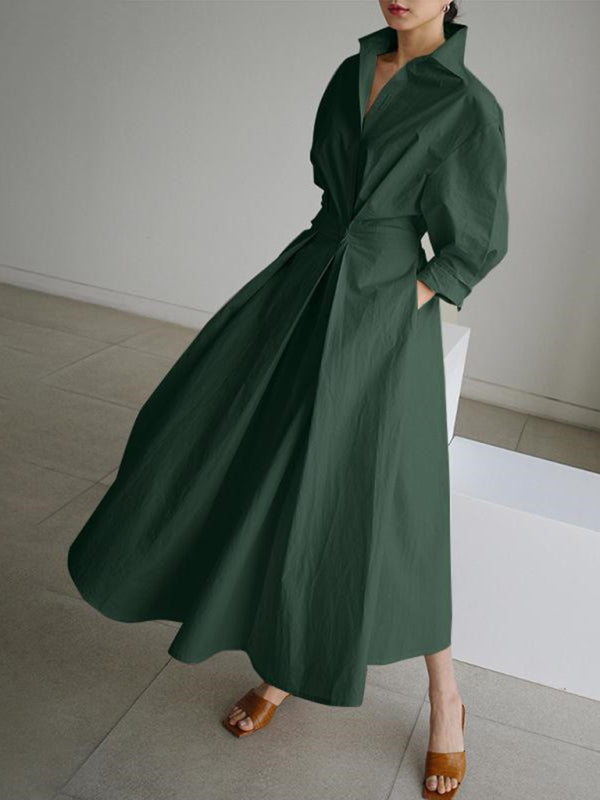 Elegant Sleeveless Shirt Dress – Lapel Collar & Seam Pockets, Solid Color