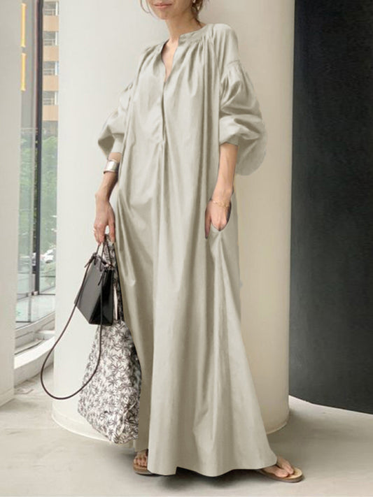 Solid Color Balloon Sleeve Shirt Dress – V-Neck, Pockets & Flowy Fit