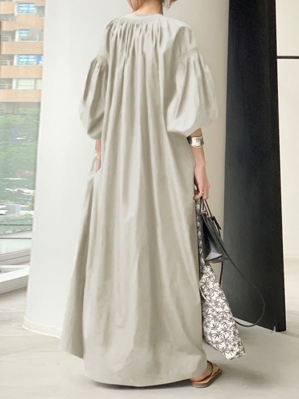 Solid Color Balloon Sleeve Shirt Dress – V-Neck, Pockets & Flowy Fit