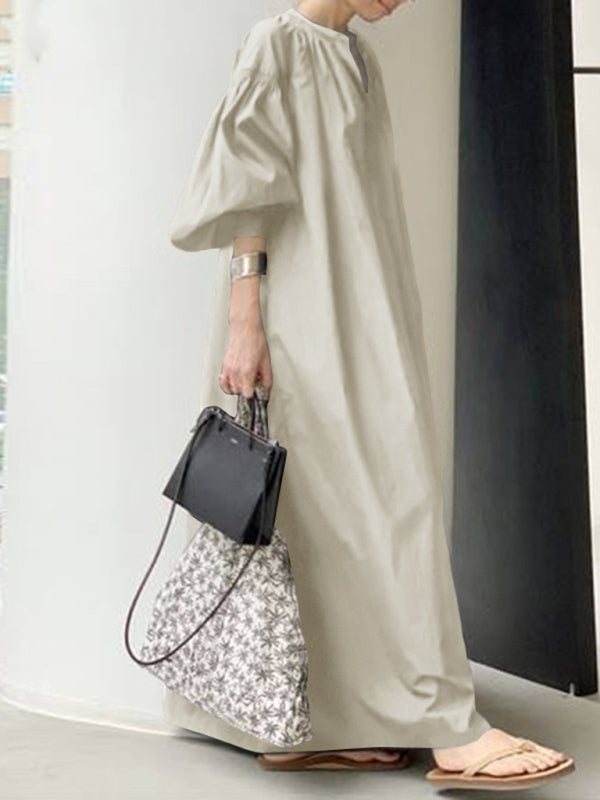 Solid Color Balloon Sleeve Shirt Dress – V-Neck, Pockets & Flowy Fit