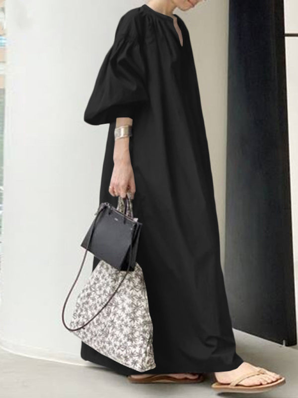 Solid Color Balloon Sleeve Shirt Dress – V-Neck, Pockets & Flowy Fit