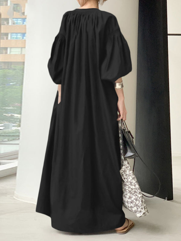 Solid Color Balloon Sleeve Shirt Dress – V-Neck, Pockets & Flowy Fit