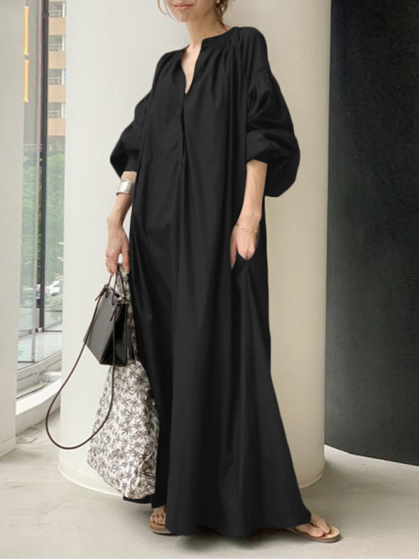 Solid Color Balloon Sleeve Shirt Dress – V-Neck, Pockets & Flowy Fit