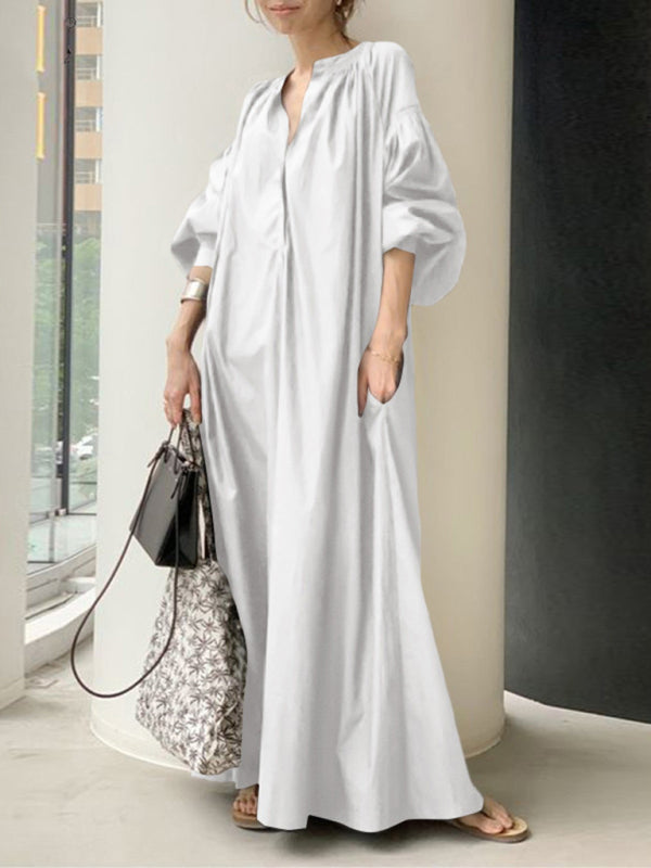 Solid Color Balloon Sleeve Shirt Dress – V-Neck, Pockets & Flowy Fit