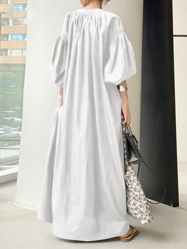 Solid Color Balloon Sleeve Shirt Dress – V-Neck, Pockets & Flowy Fit