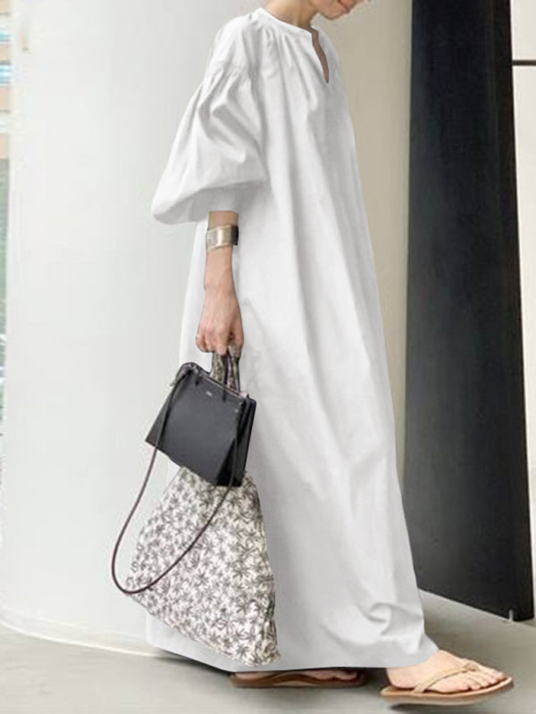 Solid Color Balloon Sleeve Shirt Dress – V-Neck, Pockets & Flowy Fit