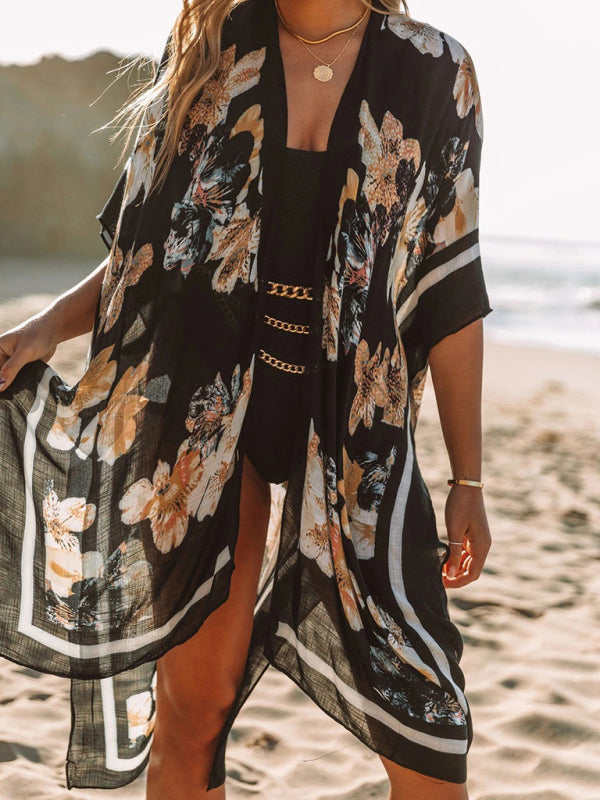 Mid-Length Chiffon Beach Cover-Up – Printed Slit Design, Lightweight & Breezy