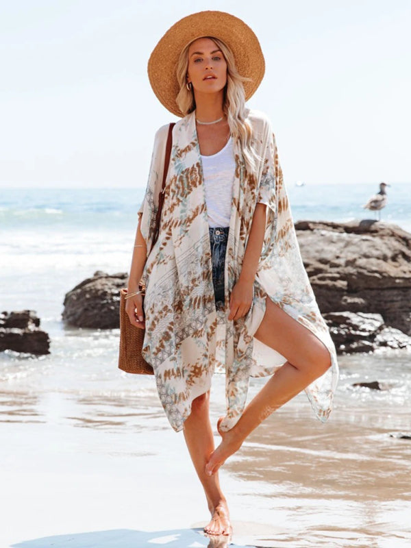 Mid-Length Chiffon Beach Cover-Up – Printed Slit Design, Lightweight & Breezy