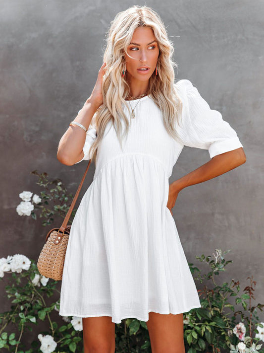 Solid Color Cotton Midi Dress – Spring & Summer Casual Wear