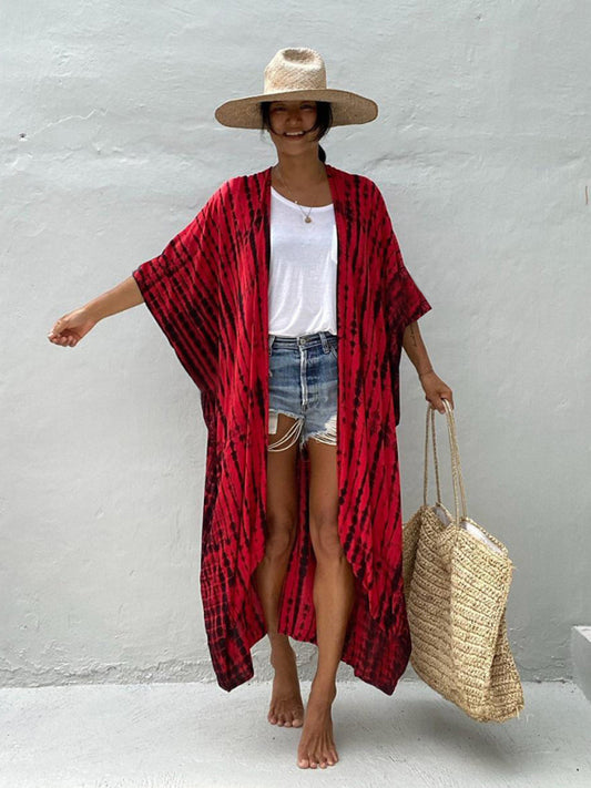 Rayon Tie-Dye Beach Cover-Up – Boho Graphic Print Sunscreen Cardigan