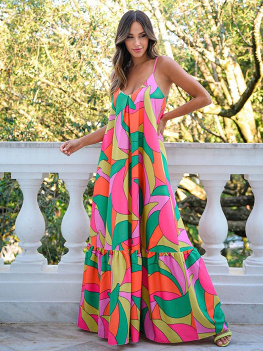 Bohemian Deep V Backless Floral Maxi Dress – Sleeveless & Flowy Vacation Style