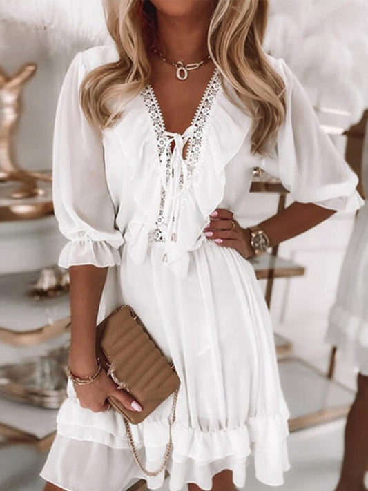 V-Neck Mosaic Chiffon Loose Casual Dress – Lightweight Spring/Summer Fit