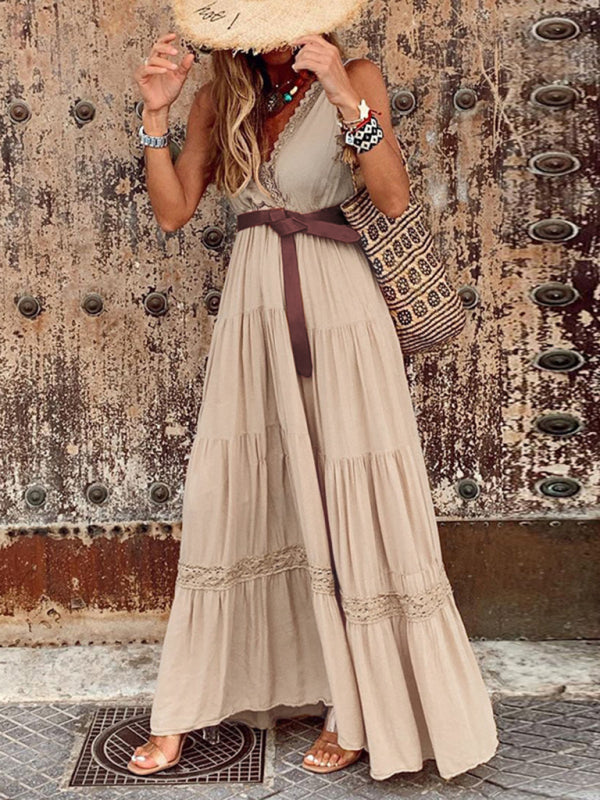 Elegant French V-Neck Midi Maxi Dress – High Waist Cotton Blend