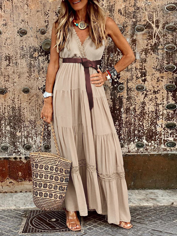 Elegant French V-Neck Midi Maxi Dress – High Waist Cotton Blend