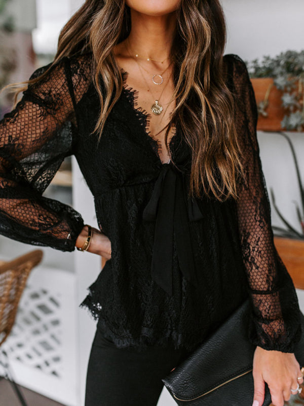 Lace Embroidered Bow Tie Long Sleeve Cotton Top