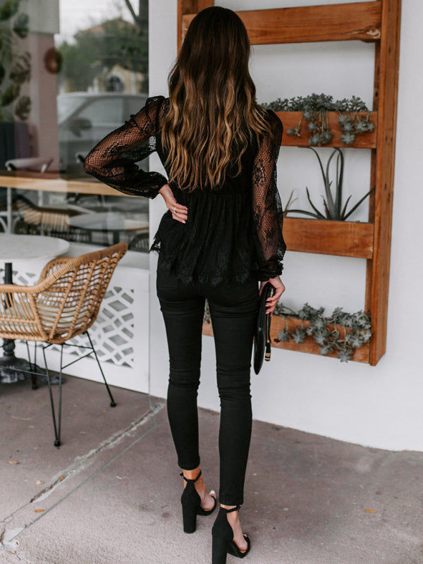 Lace Embroidered Bow Tie Long Sleeve Cotton Top
