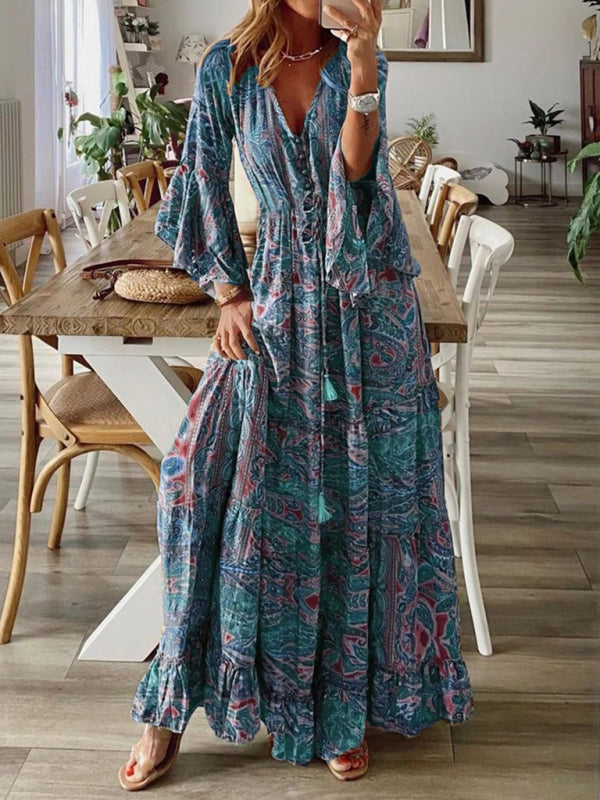 Bohemian Floral Trumpet Sleeve V-Neck High-Waist Long Holiday Dress