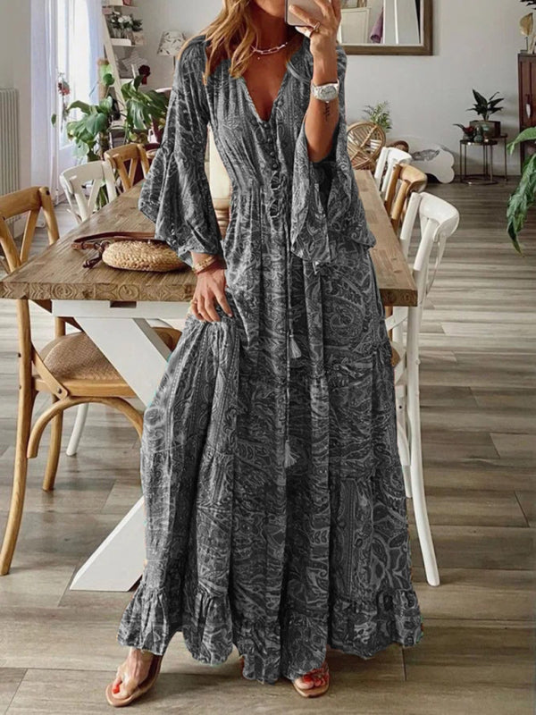 Bohemian Floral Trumpet Sleeve V-Neck High-Waist Long Holiday Dress