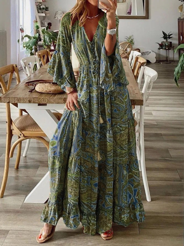Bohemian Floral Trumpet Sleeve V-Neck High-Waist Long Holiday Dress