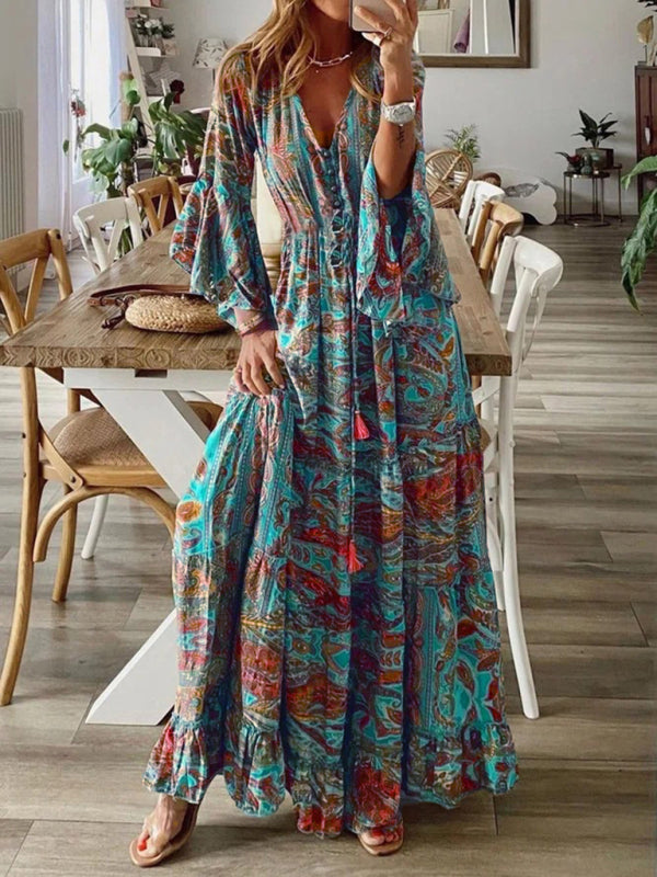Bohemian Floral Trumpet Sleeve V-Neck High-Waist Long Holiday Dress