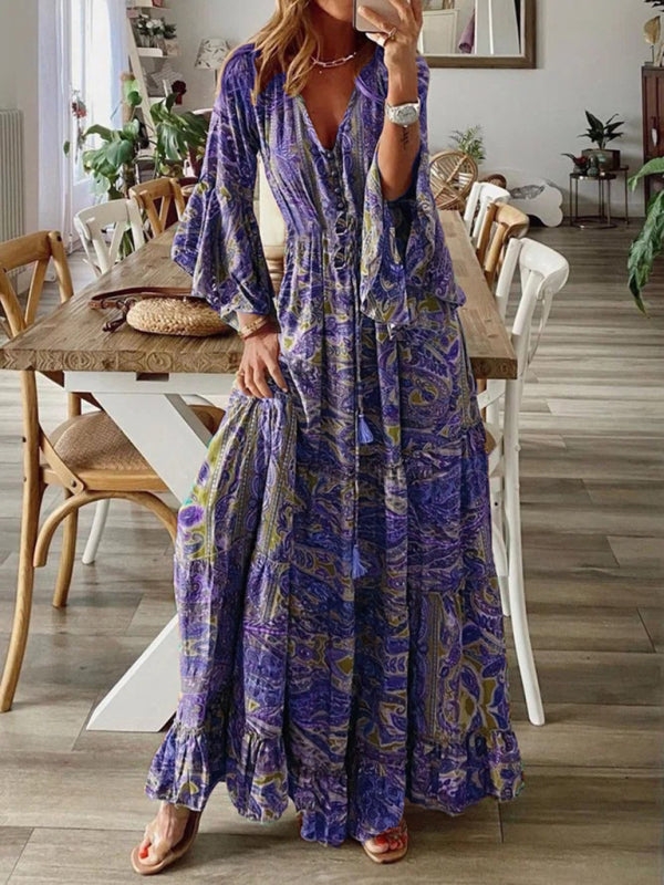 Bohemian Floral Trumpet Sleeve V-Neck High-Waist Long Holiday Dress