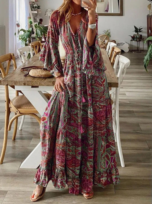 Bohemian Floral Trumpet Sleeve V-Neck High-Waist Long Holiday Dress