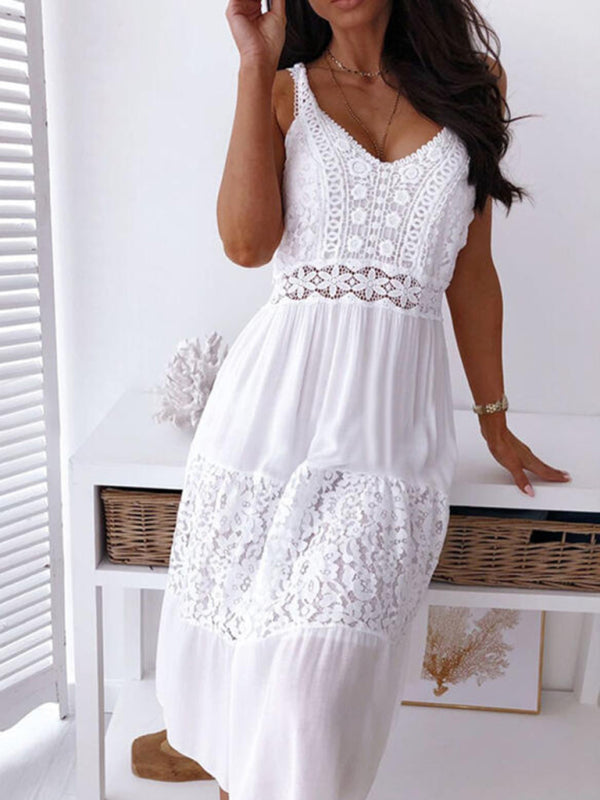 Lace Panel Beach Dress – White Spaghetti Strap Midi for Summer