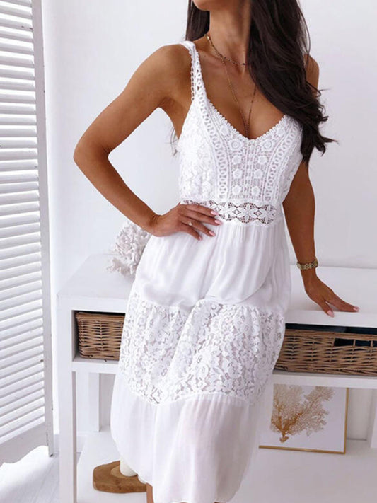 Lace Panel Beach Dress – White Spaghetti Strap Midi for Summer