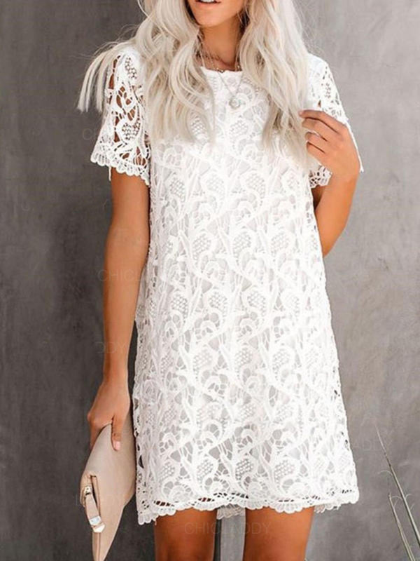 White Cotton Midi Dress with Hollow Lace – Elegant Summer Style