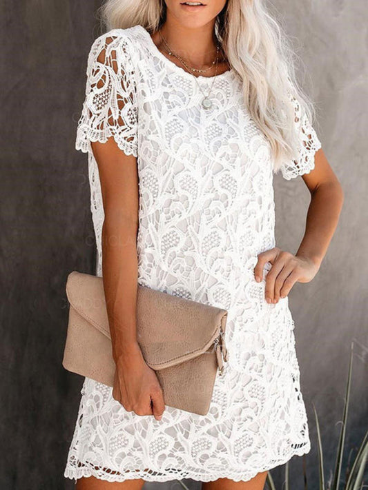 White Cotton Midi Dress with Hollow Lace – Elegant Summer Style